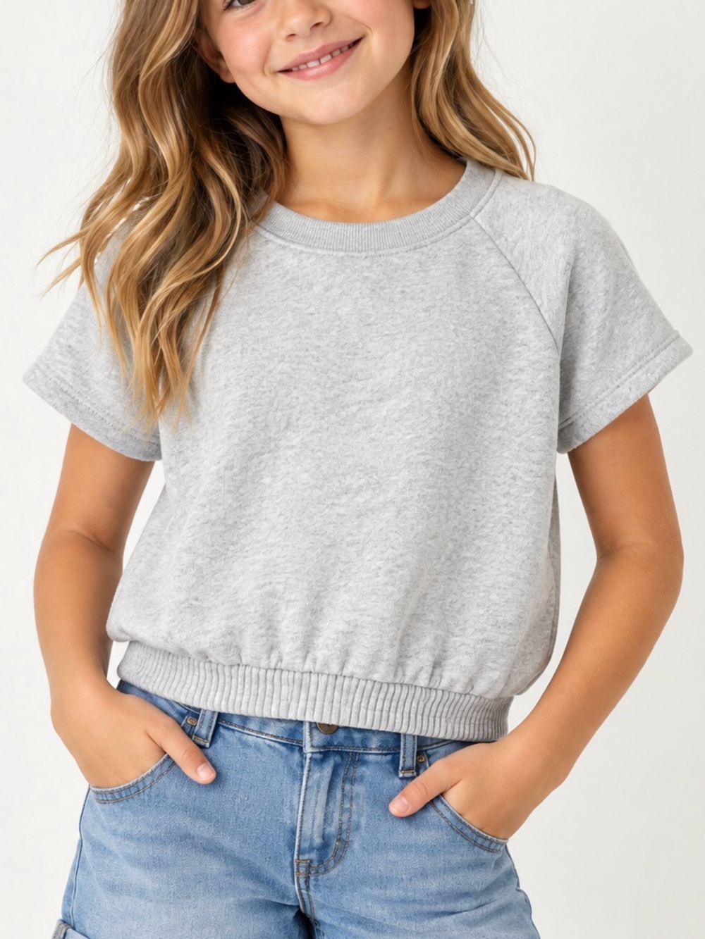 Zella Girl Get Set Short Sleeve Sweatshirt Heather Gray Fleece Girls 7/8 S